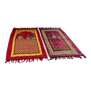 Set of 2 Vintage Polyester Prayer Rugs – Red & Gold Mosque Design with Fringe